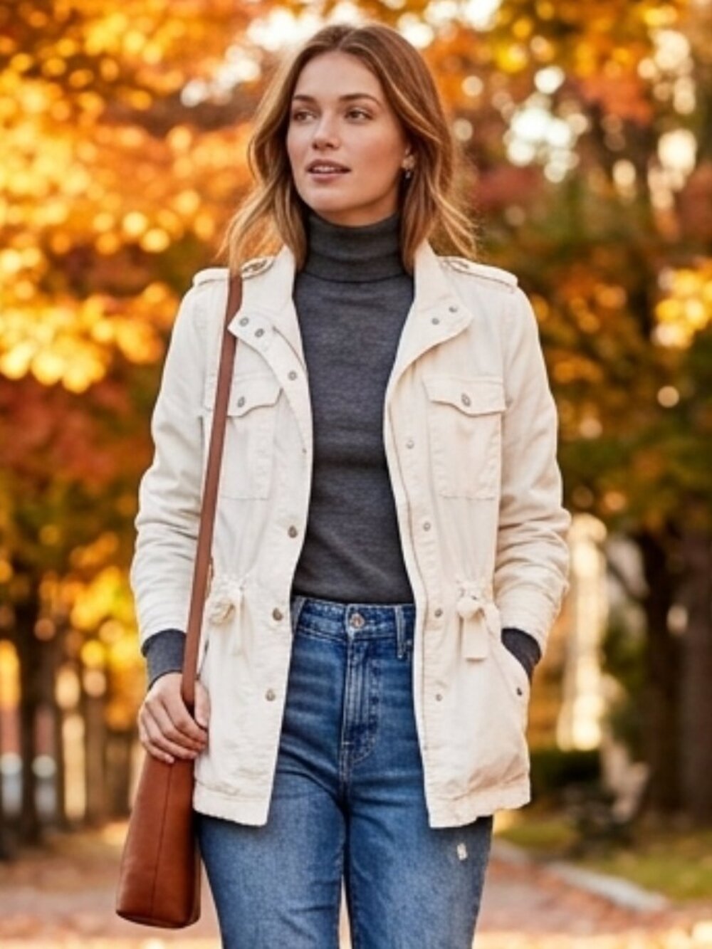 LOFT Off-White Cream Utility Field Jacket with Drawstring Waist